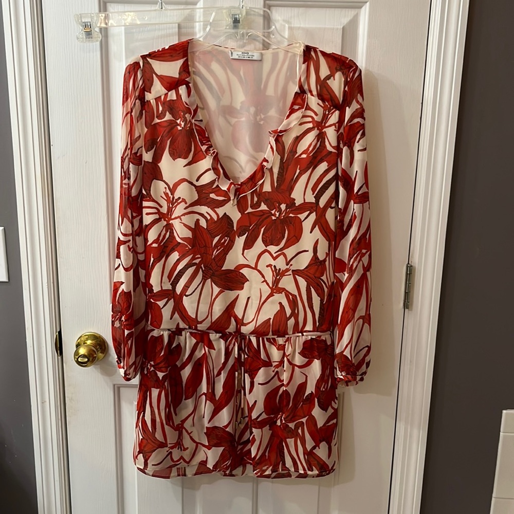 Short length dress, sheer long sleeves, V neck with ruffle